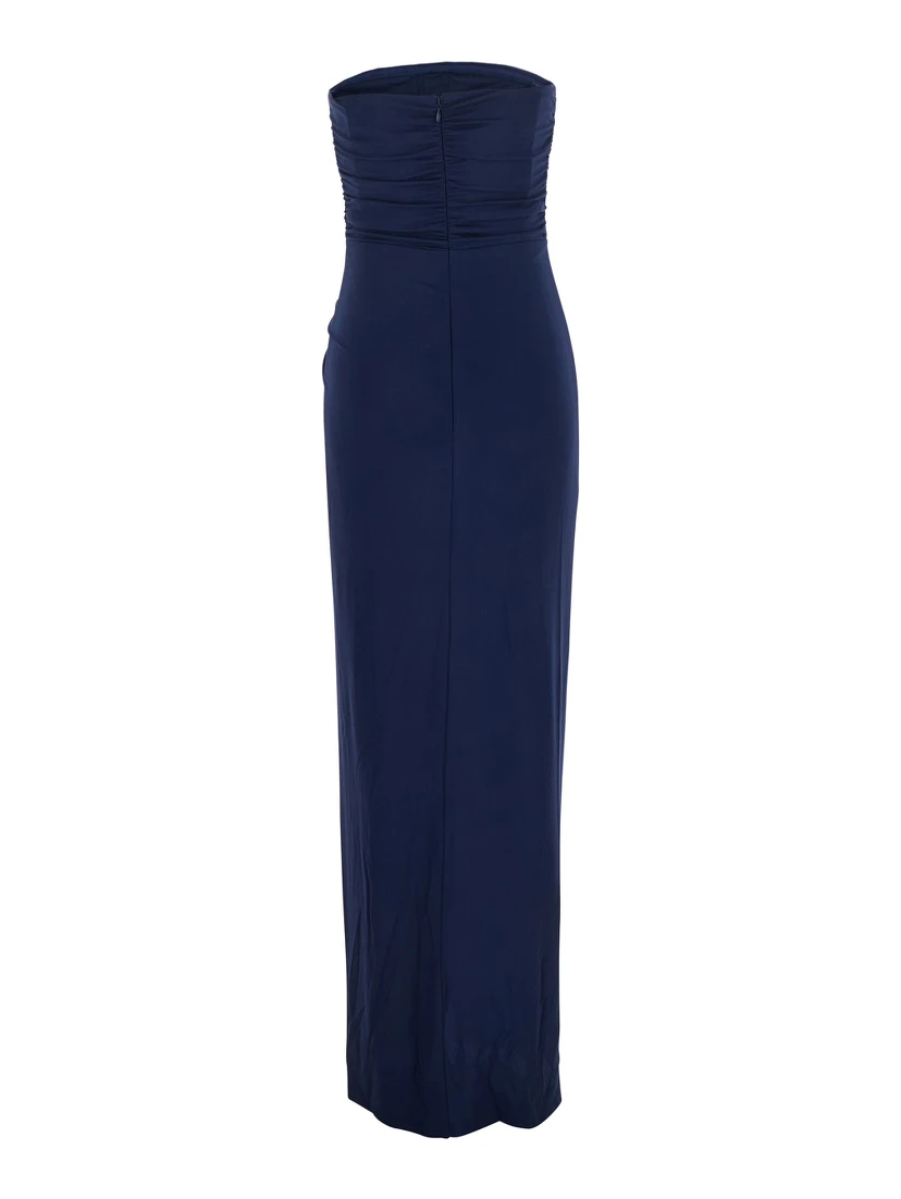 Emma Blue Strapless Long Dress with Ring Embellishment in Tech Fabric Stretch Woman
