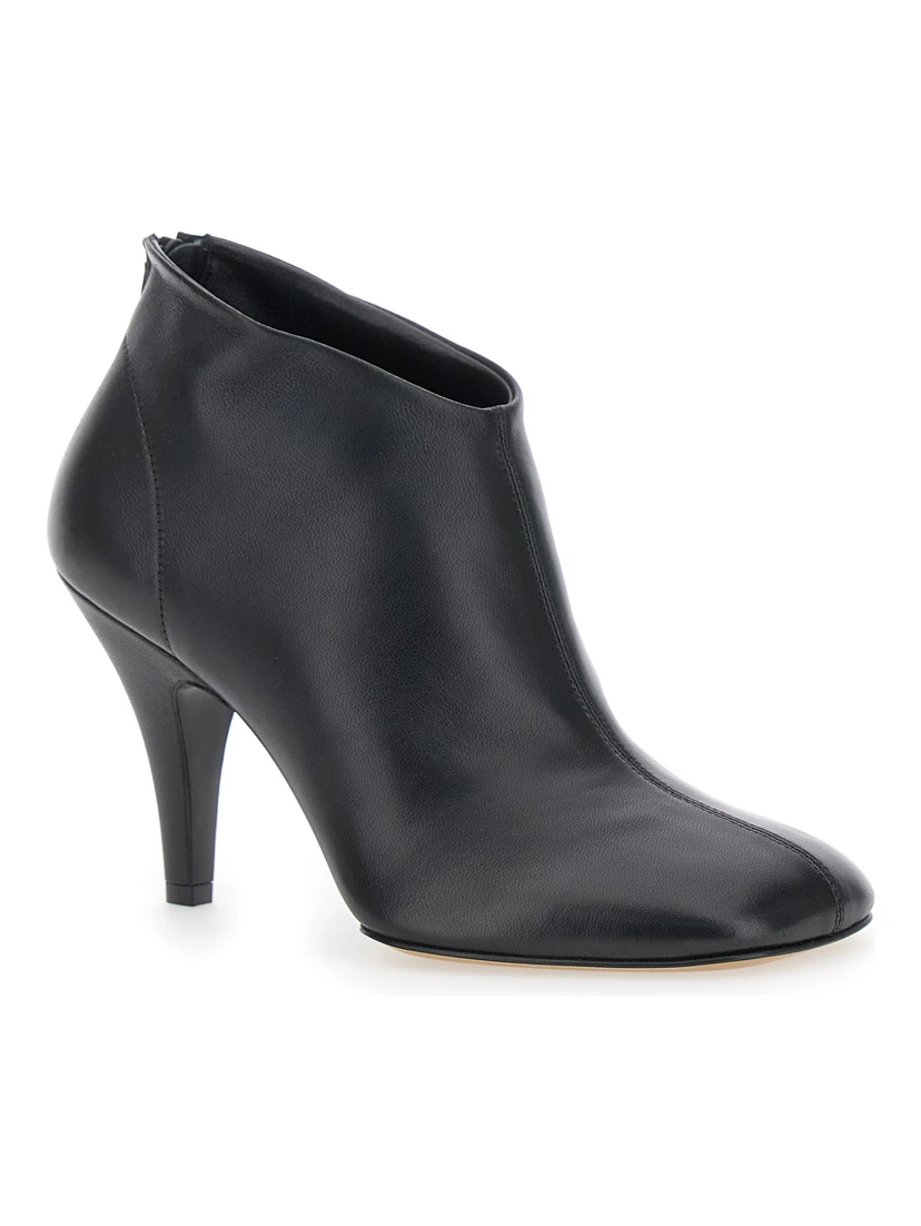 Black Ankle Boots with Square Toe and Thin Heel in Leather Woman