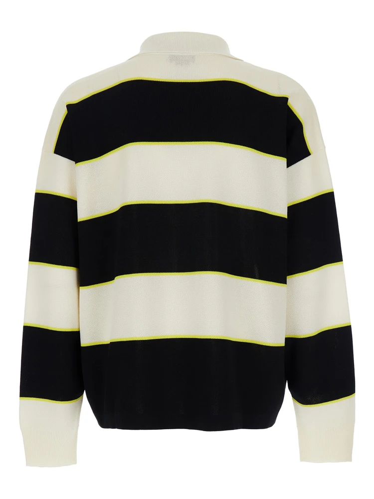 Black and White Long-Sleeve Polo Shirt with Logo Patch on the Front and All-Over Striped Motif in Cotton Blend Man alternative