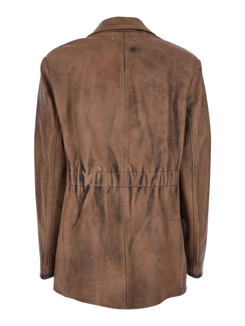 Brown Single-Breasted Jacket with Classic Lapels in Leather Woman