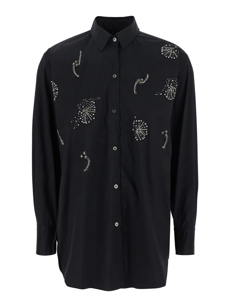 Black Shirt with Classic Collar and Rhinestone Embellishments on the Front in Cotton Blend Stretch Woman