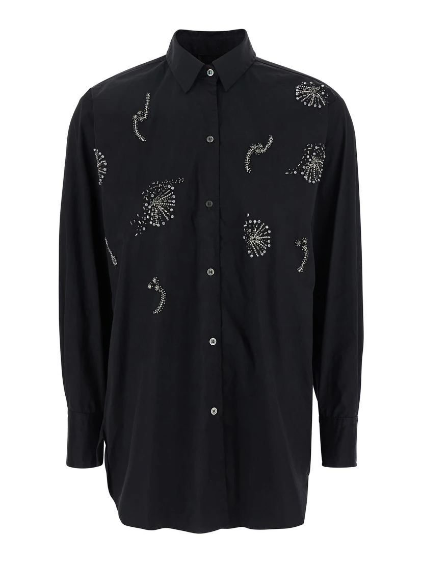 Black Shirt with Classic Collar and Rhinestone Embellishments on the Front in Cotton Blend Stretch Woman