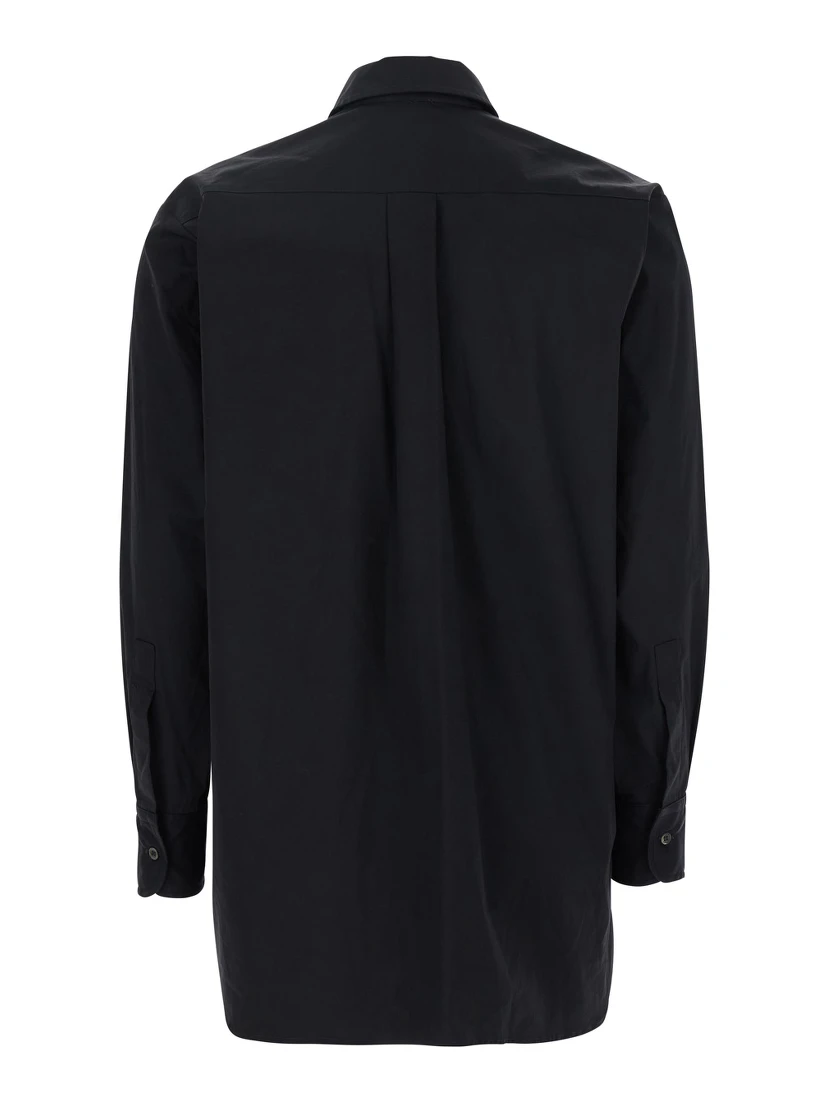 Black Shirt with Classic Collar and Rhinestone Embellishments on the Front in Cotton Blend Stretch Woman