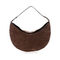 Le Calisso Rond Large Brown Shoulder Bag with Adjustable Strap and Embossed Crodocile Effect in Leather Woman