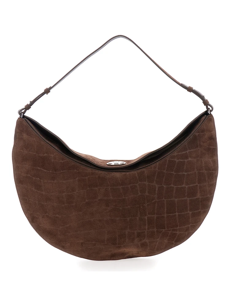 Le Calisso Rond Large Brown Shoulder Bag with Adjustable Strap and Embossed Crodocile Effect in Leather Woman