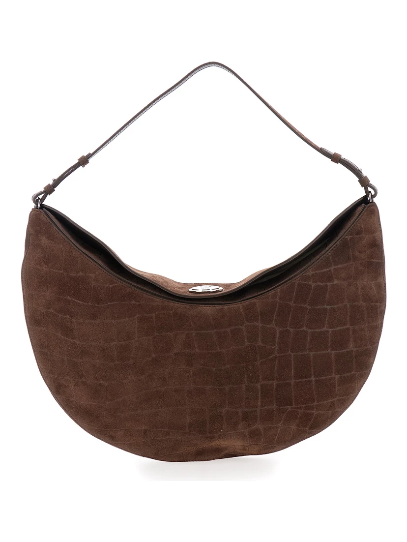 Le Calisso Rond Large Brown Shoulder Bag with Adjustable Strap and Embossed Crodocile Effect in Leather Woman