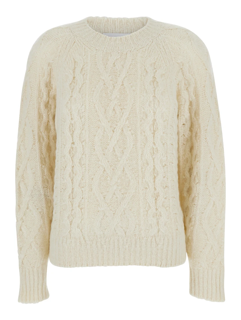 White Crew Neck Sweater with Braided Design in Wool Woman