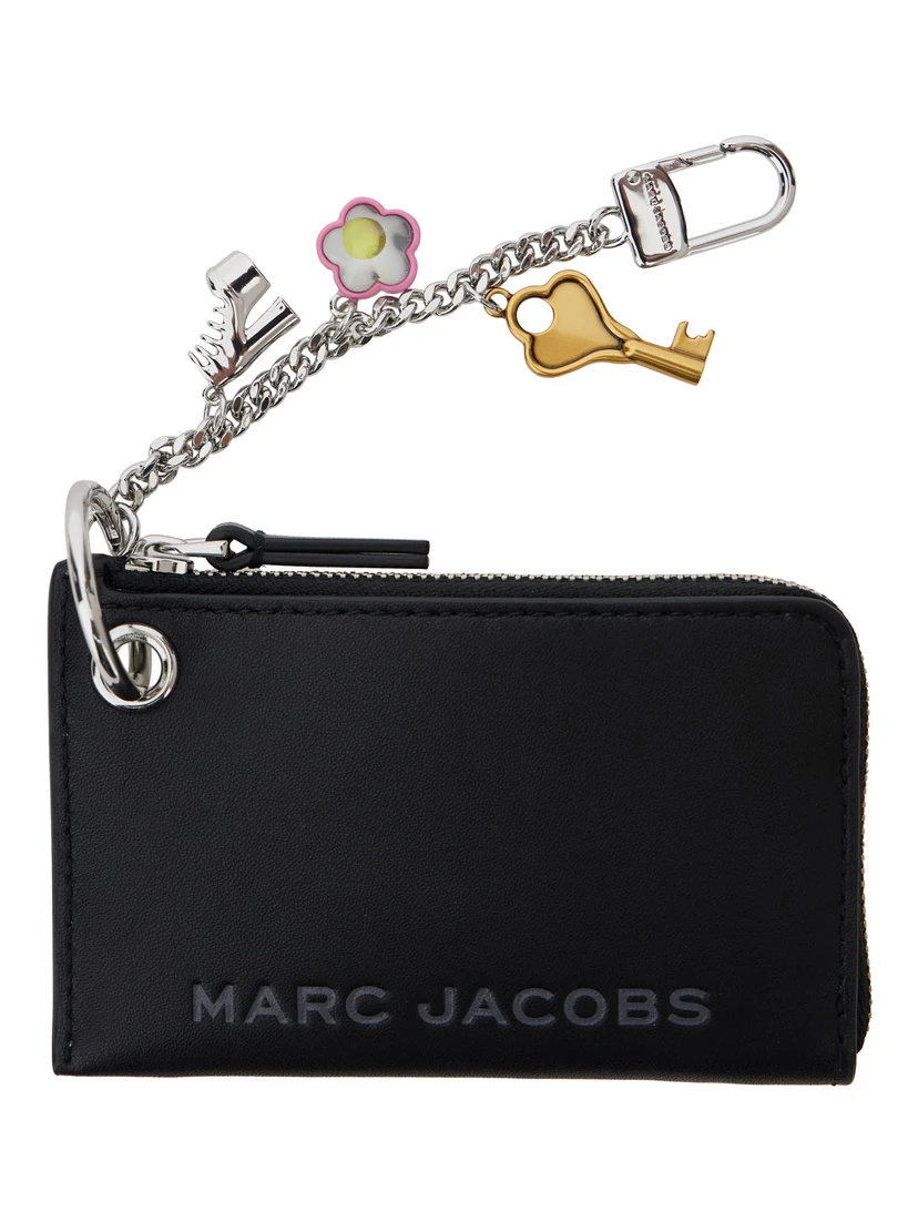 The Coin Purse Charm Black Keychain with Logo Lettering on the Front and Charm Embellishments in Grained Leather Woman