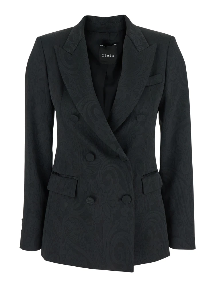 Black Double-breasted Jacket with Damask Effect in Wool Woman