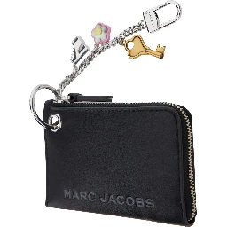 The Coin Purse Charm Black Keychain with Logo Lettering on the Front and Charm Embellishments in Grained Leather Woman