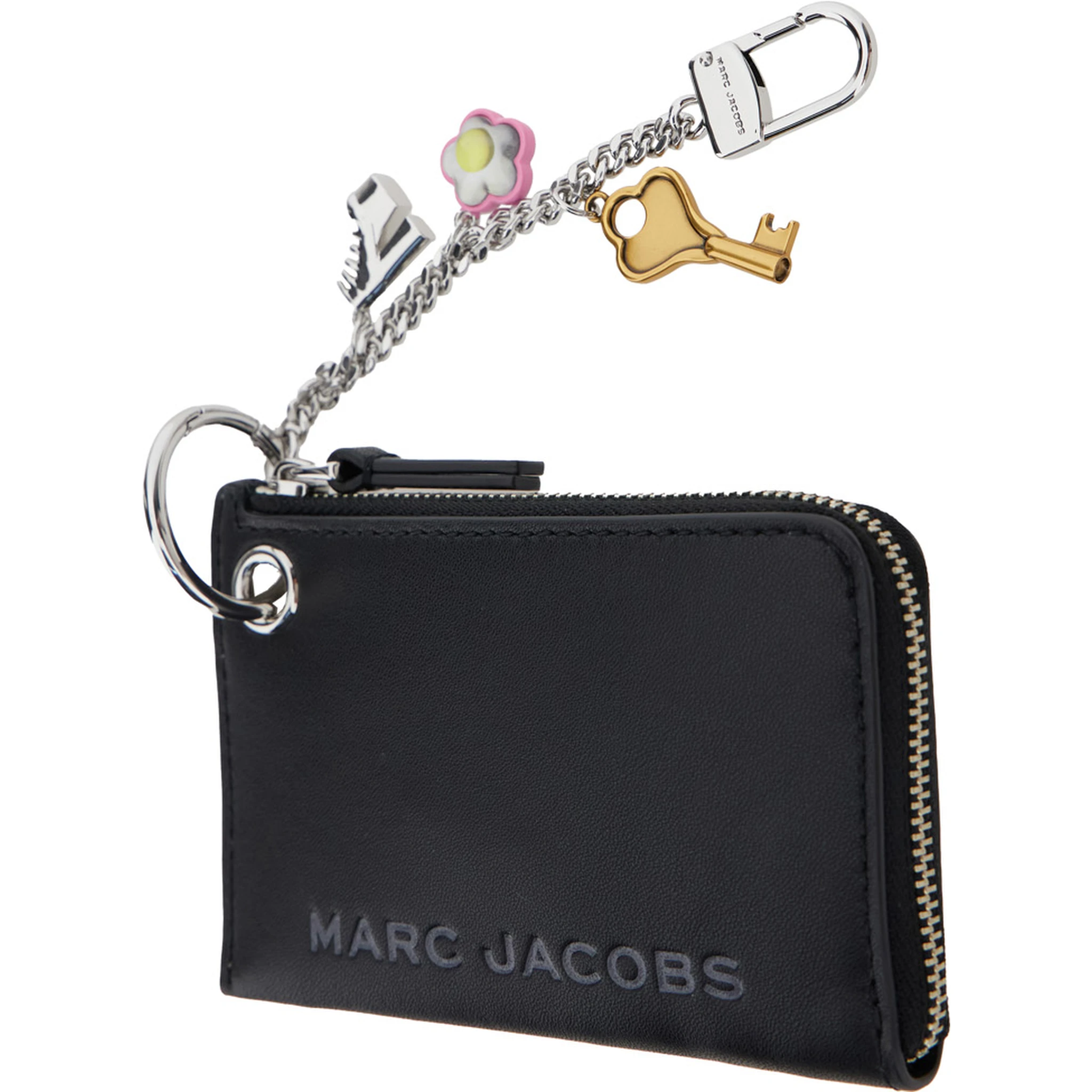 The Coin Purse Charm Black Keychain with Logo Lettering on the Front and Charm Embellishments in Grained Leather Woman
