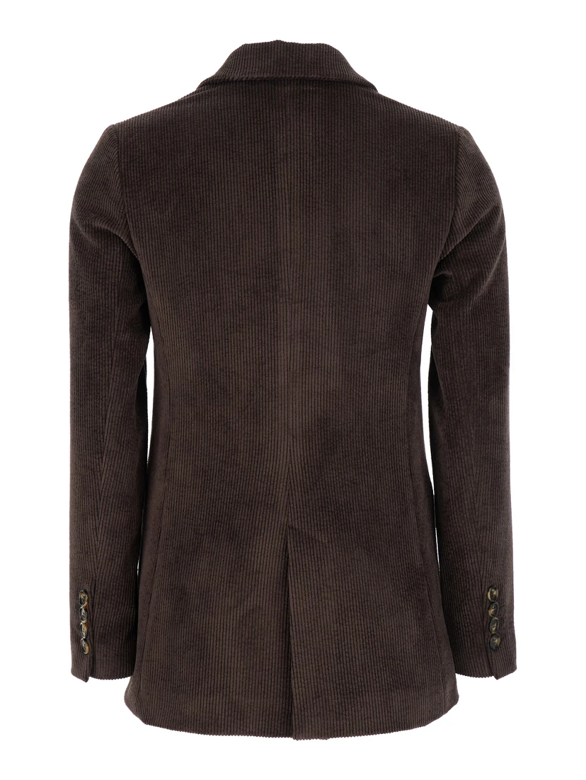 Brown Double-Breasted Jacket with Peak Revers in Ribbed Velvet Woman