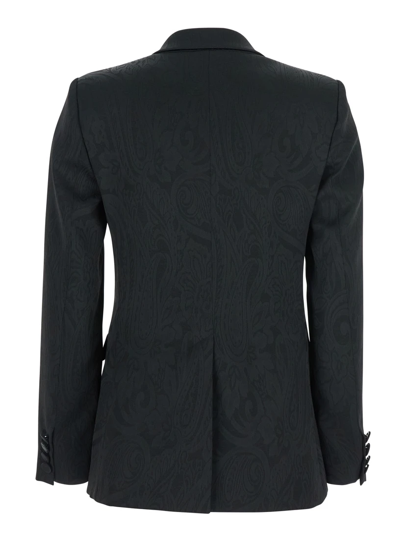 Black Double-breasted Jacket with Damask Effect in Wool Woman