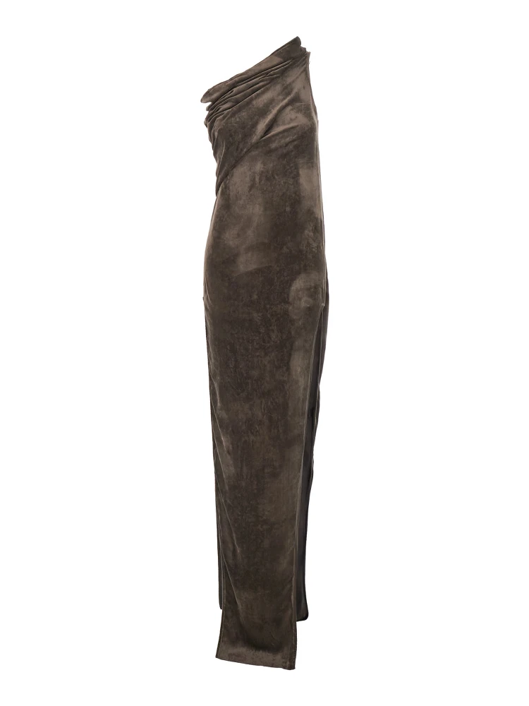 Athena Arrowhead Brown Asymmetric Long Dress with Ruched Neckline and Side Single Slit in Viscose Blend Woman