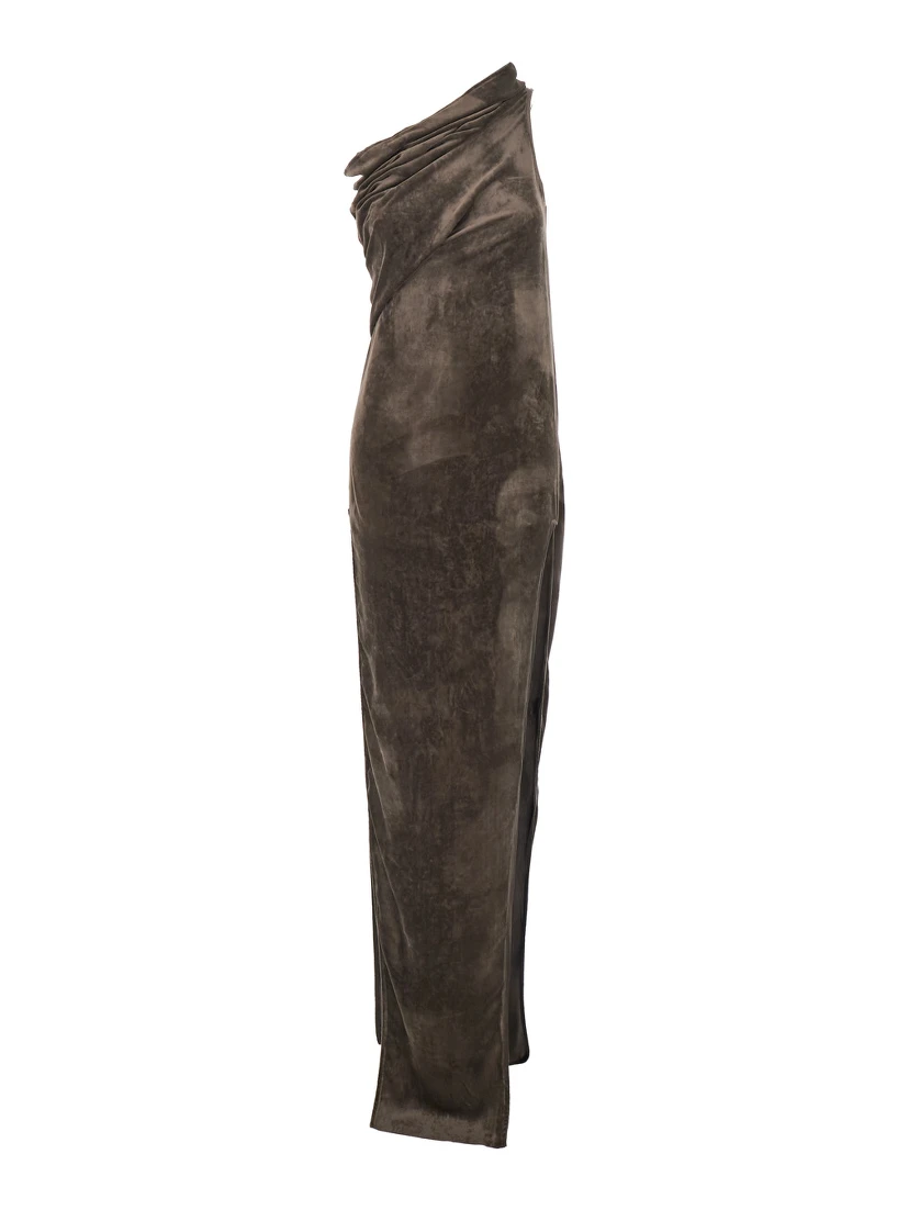 Athena Arrowhead Brown Asymmetric Long Dress with Ruched Neckline and Side Single Slit in Viscose Blend Woman