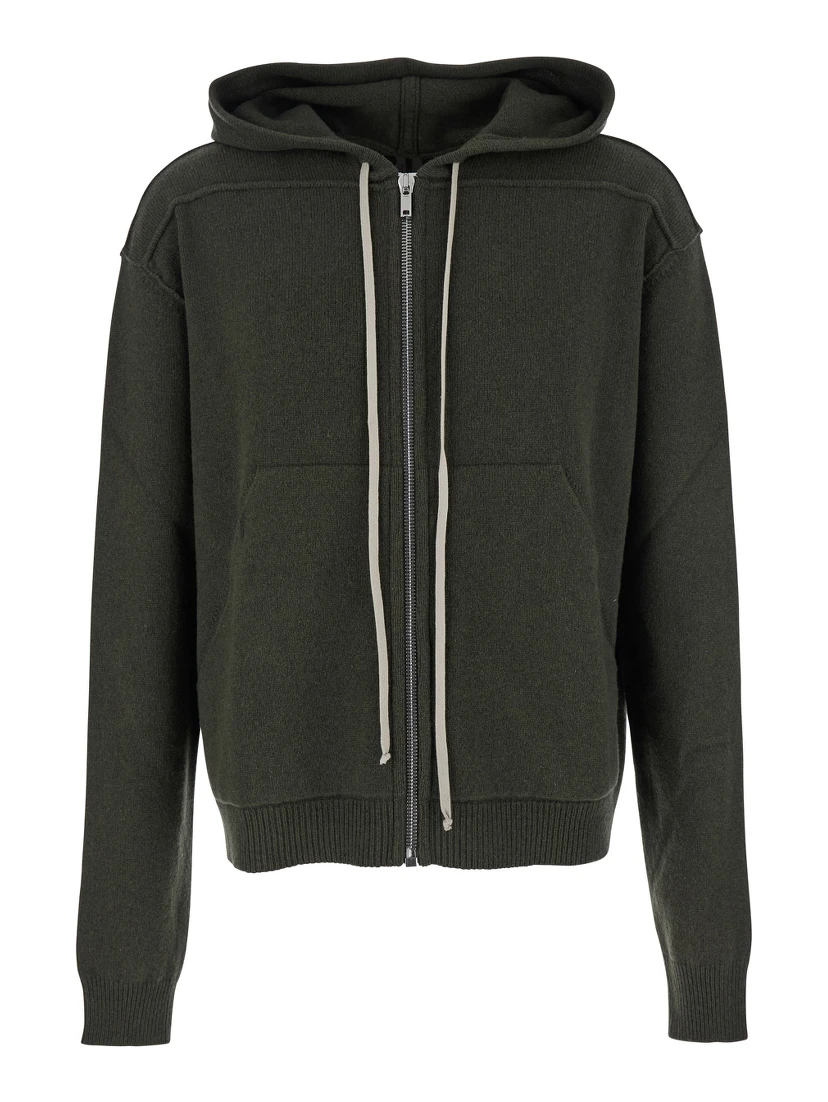Green Sweatshirt with Contrasting Drawstring Hood in Cashmere and Wool Man