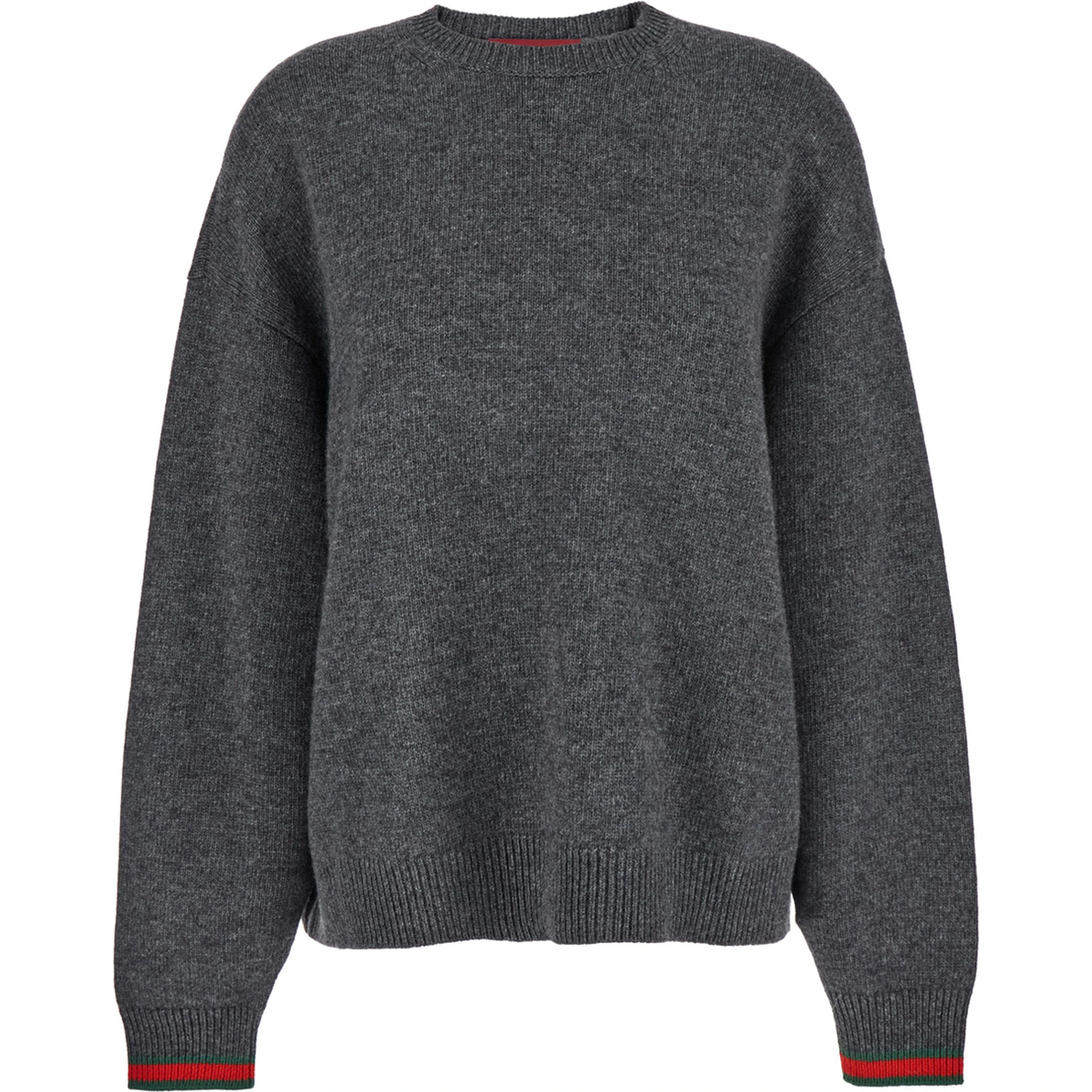Grey Crewneck Sweater with Web Detail on the Cuffs in Wool and Cashmere Blend Woman