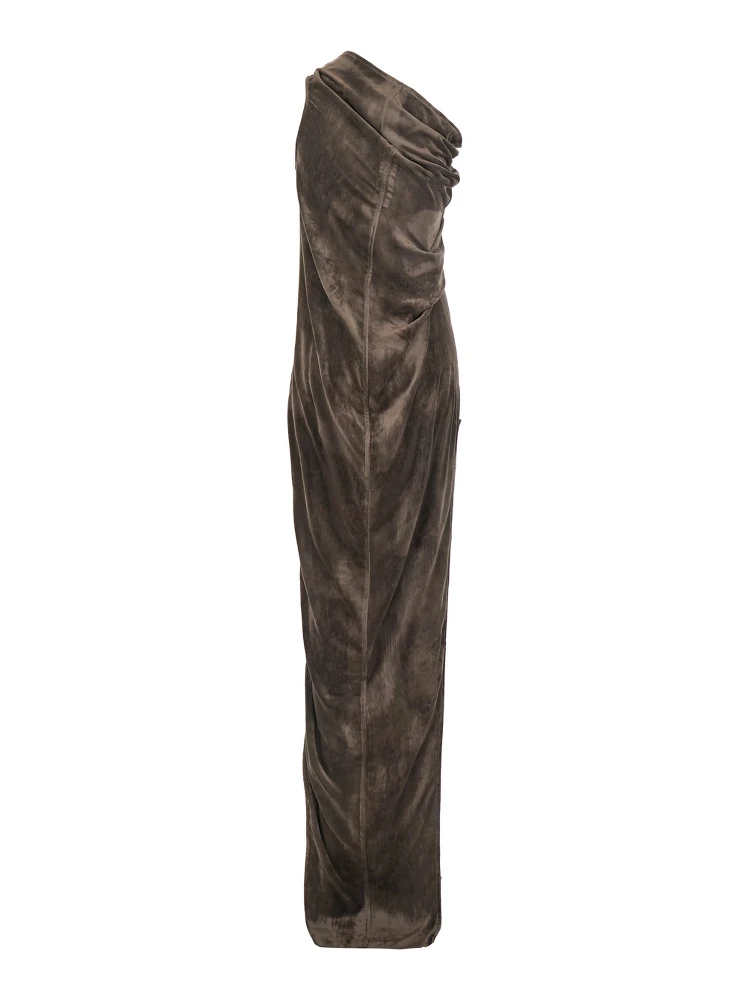 Athena Arrowhead Brown Asymmetric Long Dress with Ruched Neckline and Side Single Slit in Viscose Blend Woman alternative