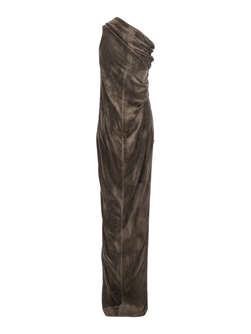 Athena Arrowhead Brown Asymmetric Long Dress with Ruched Neckline and Side Single Slit in Viscose Blend Woman