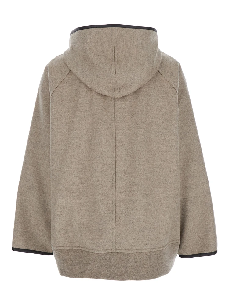 Beige Coat with Hood and Leather Trims in Wool and Cashmere Woman alternative