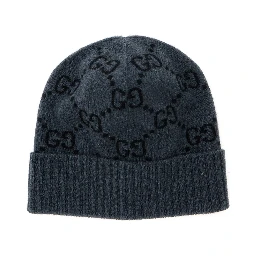 Grey Beanie with Turn-Up Brim in GG Jacquard Cashmere Man
