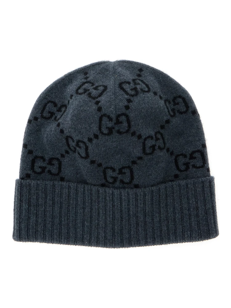 Grey Beanie with Turn-Up Brim in GG Jacquard Cashmere Man