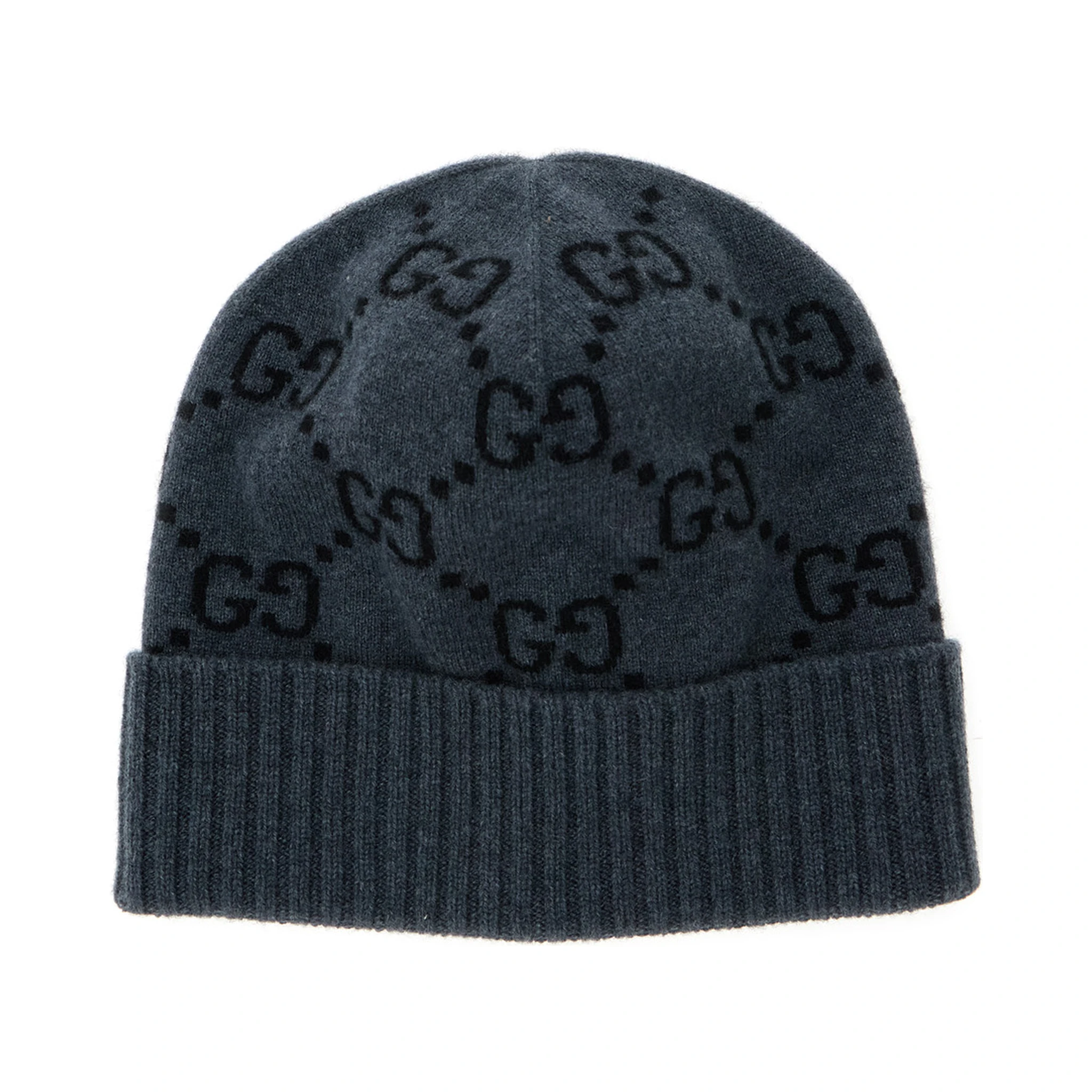 Grey Beanie with Turn-Up Brim in GG Jacquard Cashmere Man