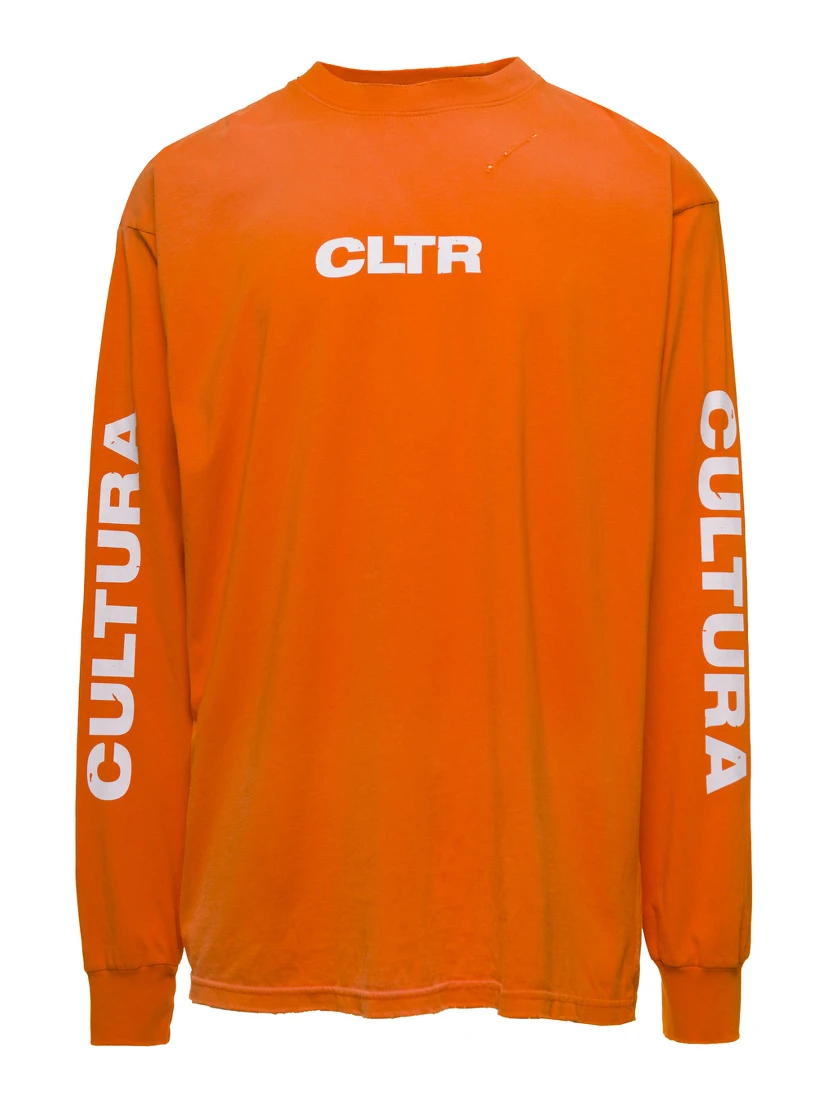 Orange Crewneck Sweatshirt with Contrasting CLTR Print in Jersey Man