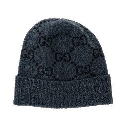 Grey Beanie with Turn-Up Brim in GG Jacquard Cashmere Man