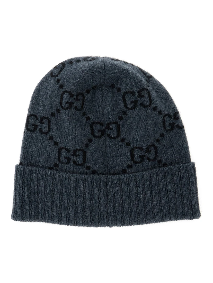 Grey Beanie with Turn-Up Brim in GG Jacquard Cashmere Man