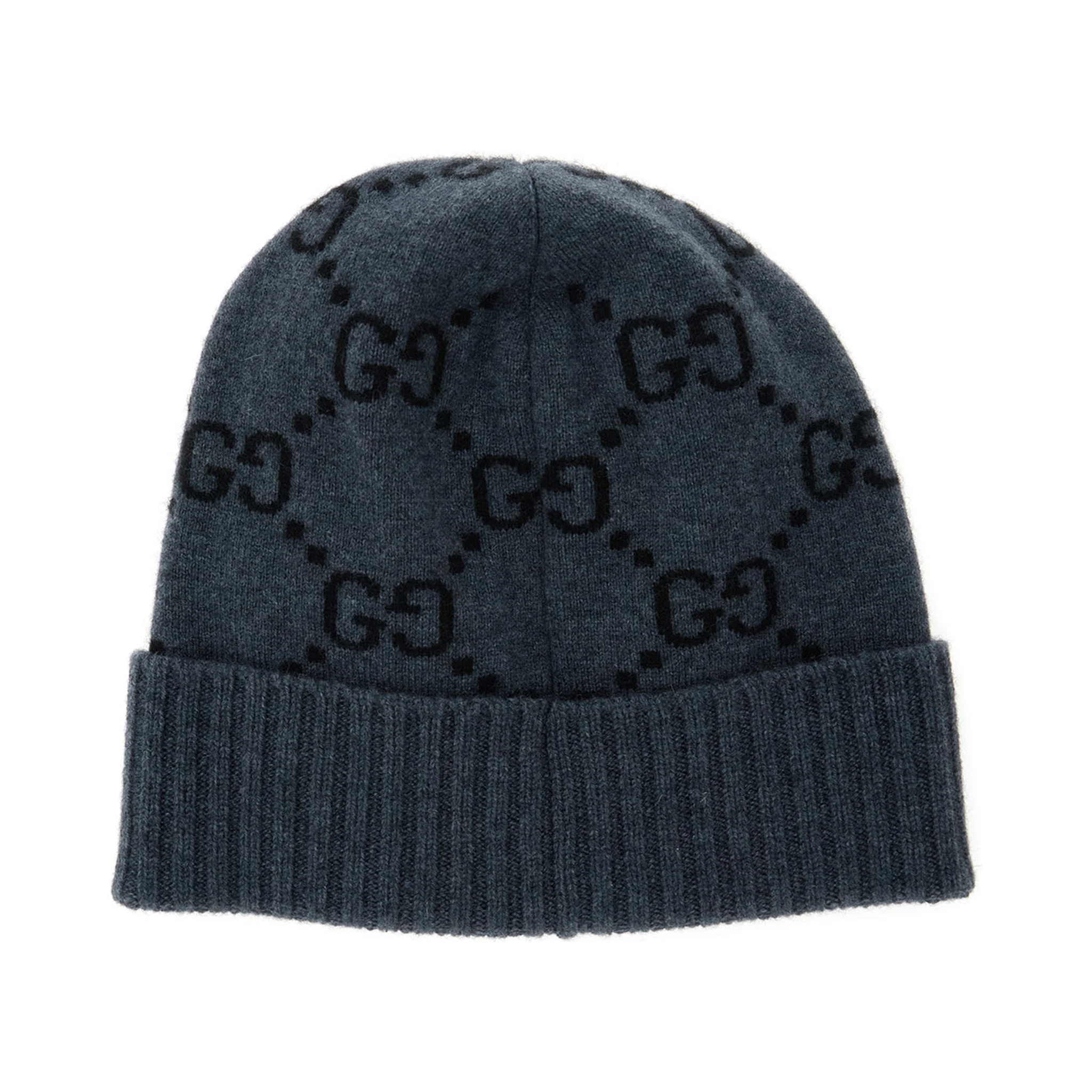 Grey Beanie with Turn-Up Brim in GG Jacquard Cashmere Man