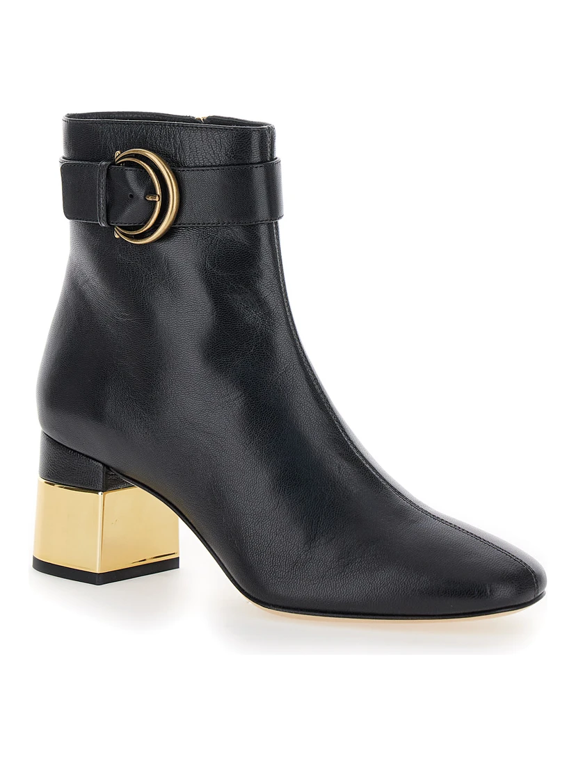 Alize Black Ankle Boots with C Buckle in Smooth Leather Woman