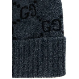 Grey Beanie with Turn-Up Brim in GG Jacquard Cashmere Man