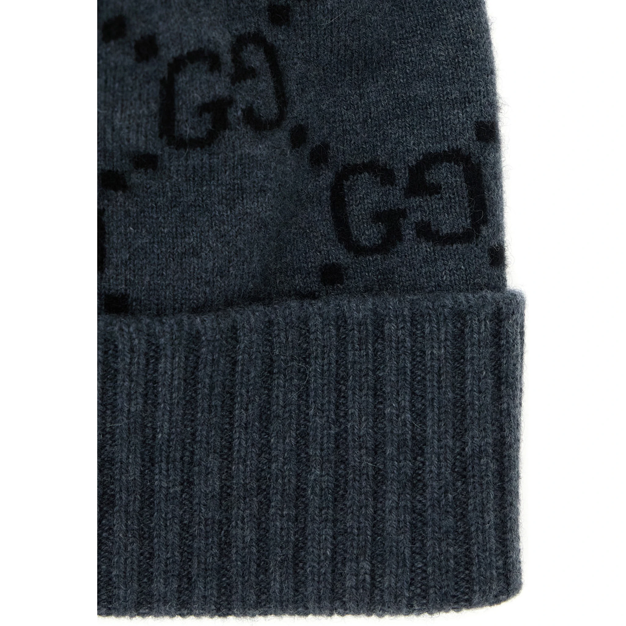 Grey Beanie with Turn-Up Brim in GG Jacquard Cashmere Man