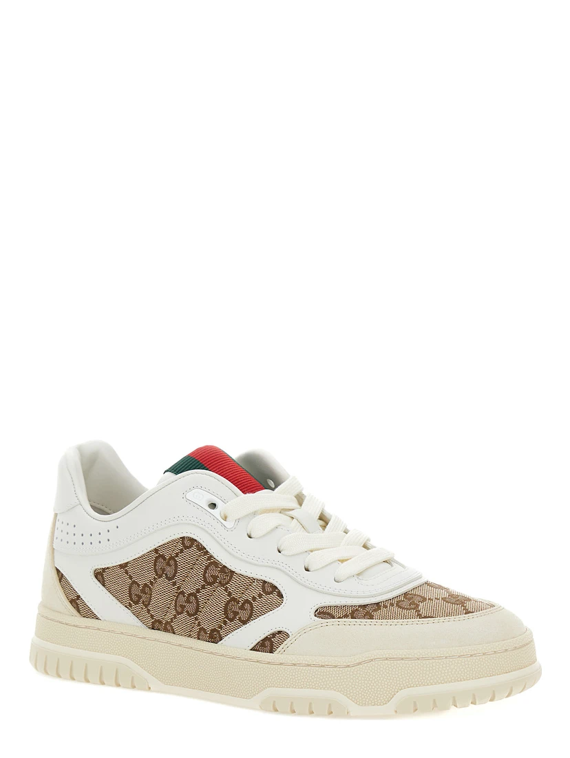 White and Beige Low Top Sneakers with Web Detail in Leather and GG Supreme Canvas Woman
