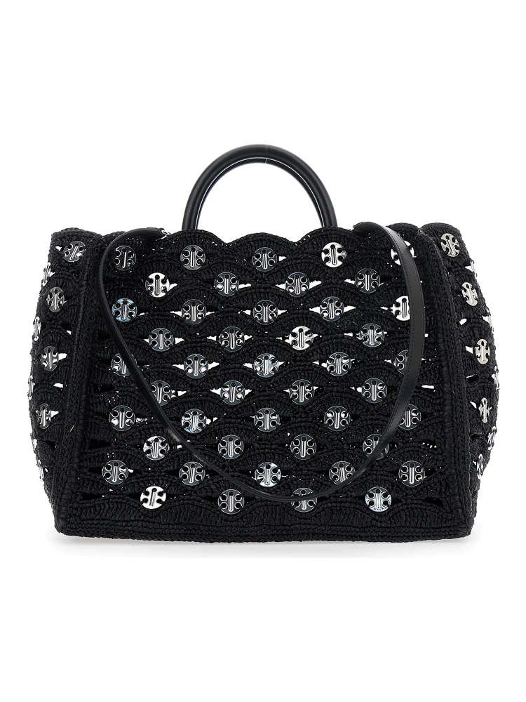 Black Handbag with Weaving and All-Over Disc Details in Raphia Woman