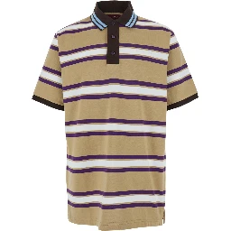 Beige Polo Shirt with Logo Imprinted on the Front and All-Over Striped Motif in Cotton Man