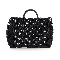 Black Handbag with Weaving and All-Over Disc Details in Raphia Woman