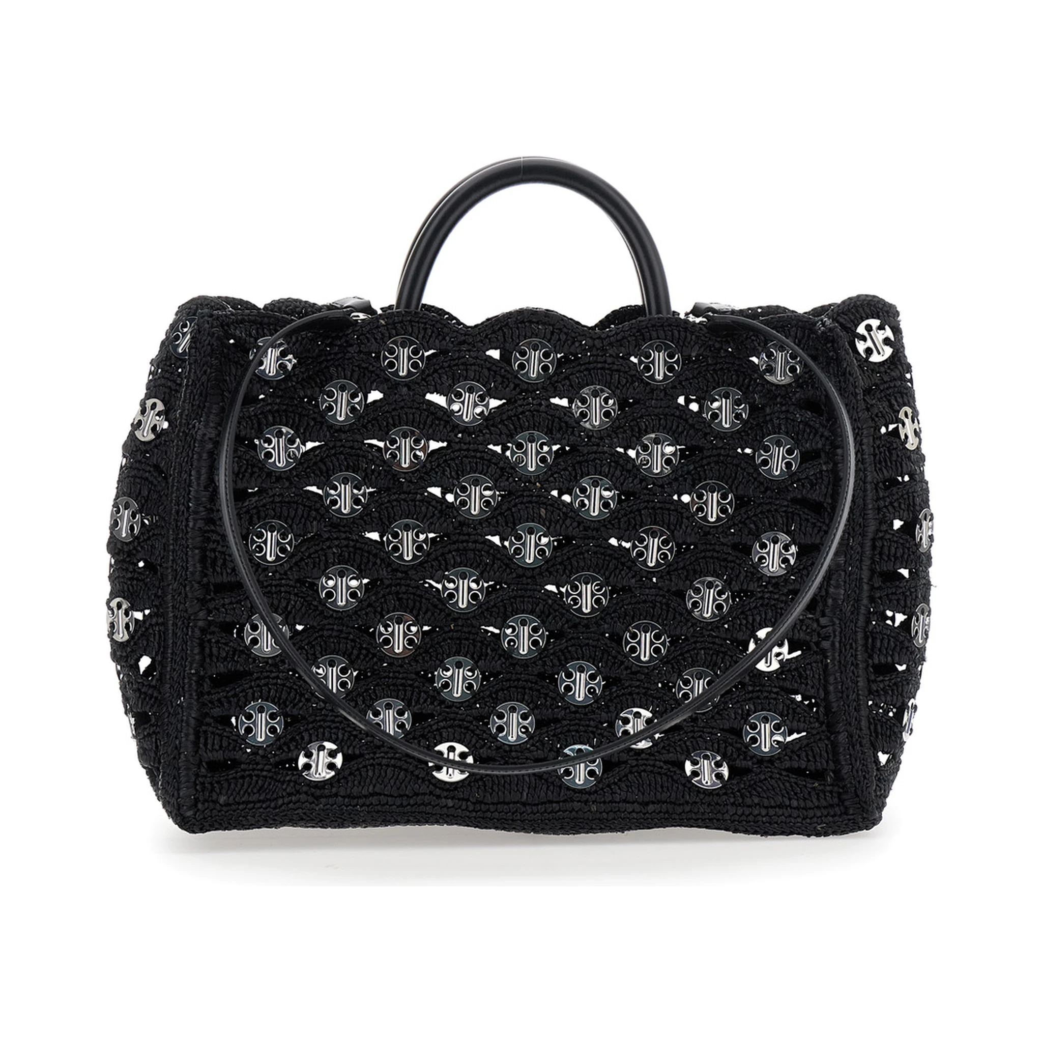Black Handbag with Weaving and All-Over Disc Details in Raphia Woman