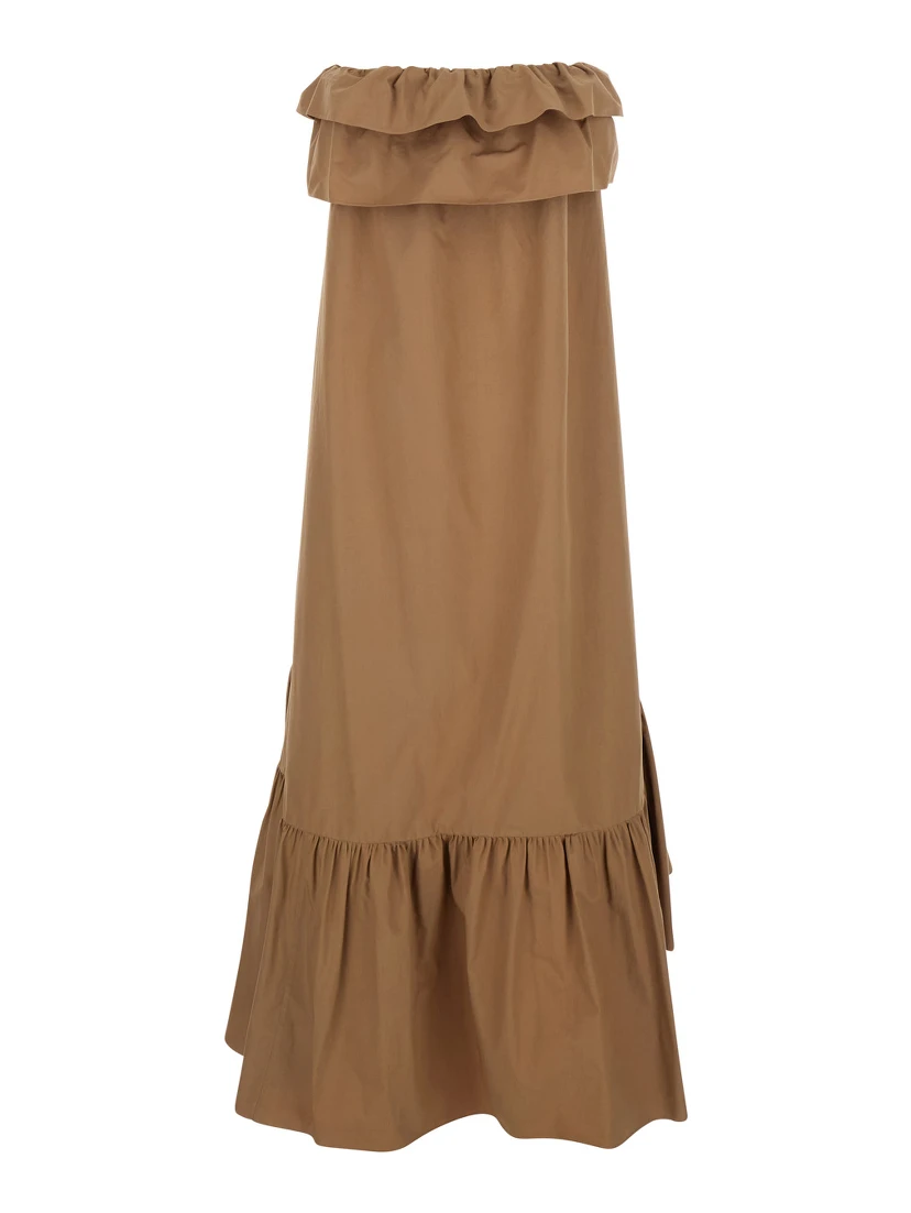 Beige Long Dress with Bustier Neckline and Ruffled Skirt in Cotton Woman