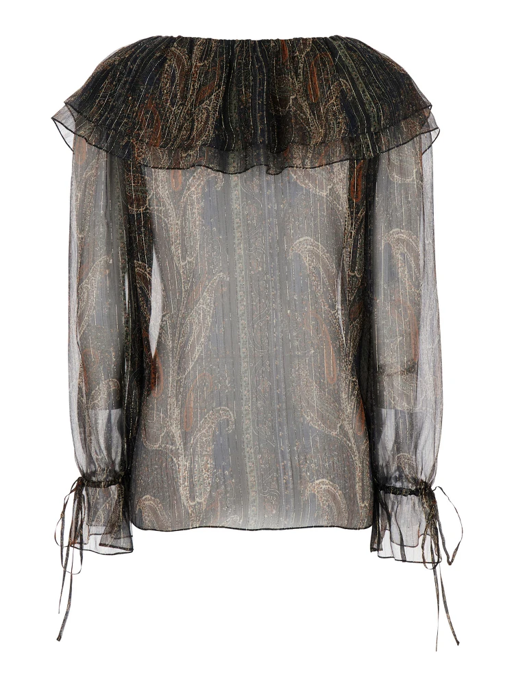 Multicolor Off-Shoulder Blouse with Drawstring Poet Sleeves in Silk Blend Woman alternative