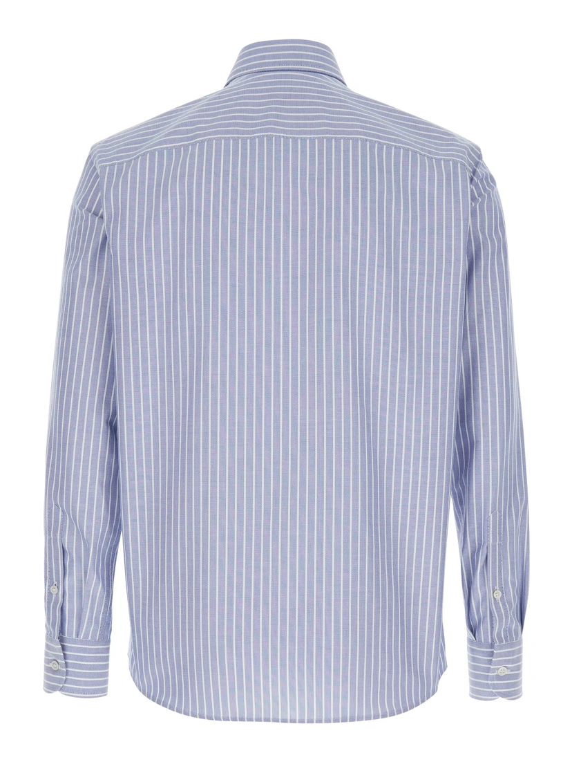 Light Blue Shirt with Logo Detail on the Front and All-Over Striped Motif in Cotton Man