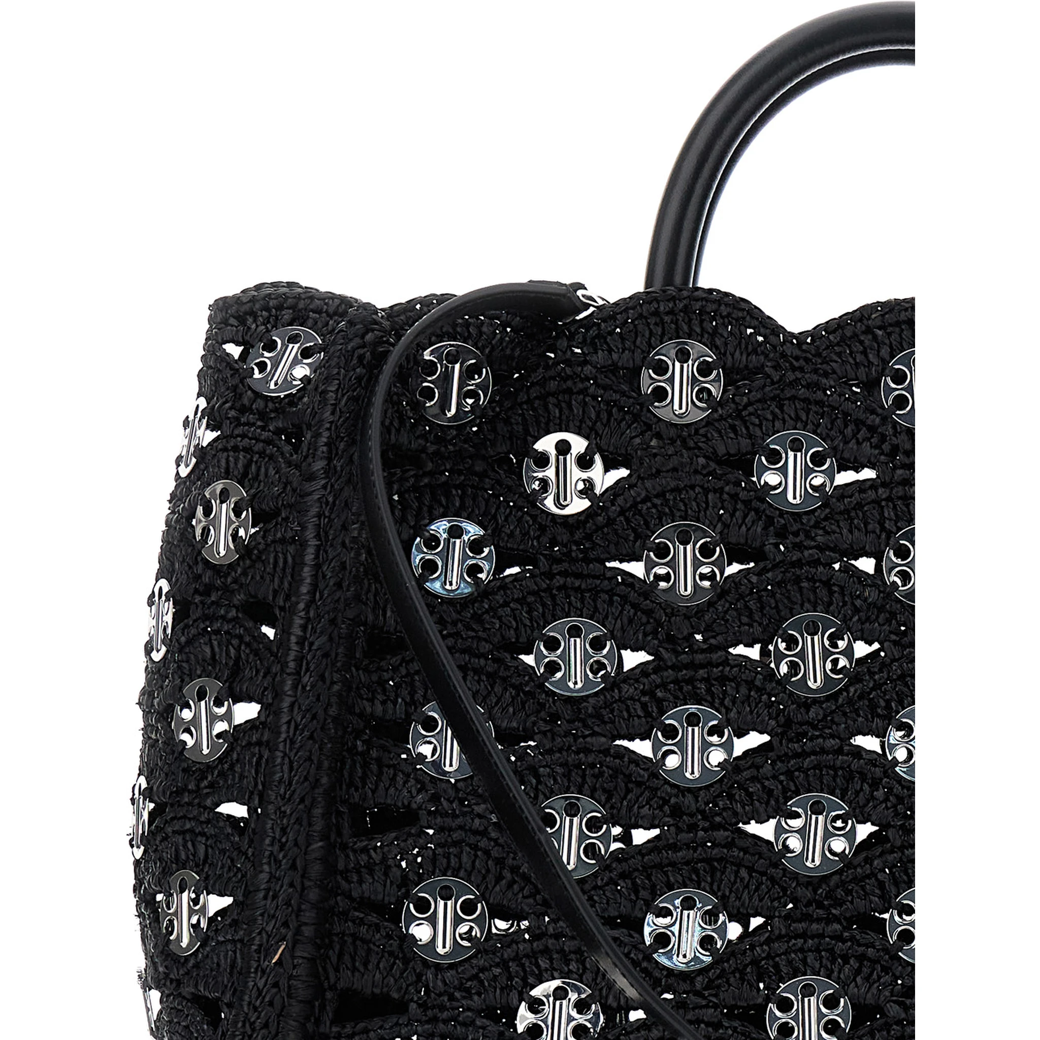 Black Handbag with Weaving and All-Over Disc Details in Raphia Woman