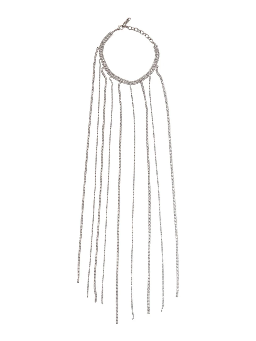 Silver-Colored Necklace with All-Over Applied Glass Crystals and Adjustable Clasp in Brass Woman