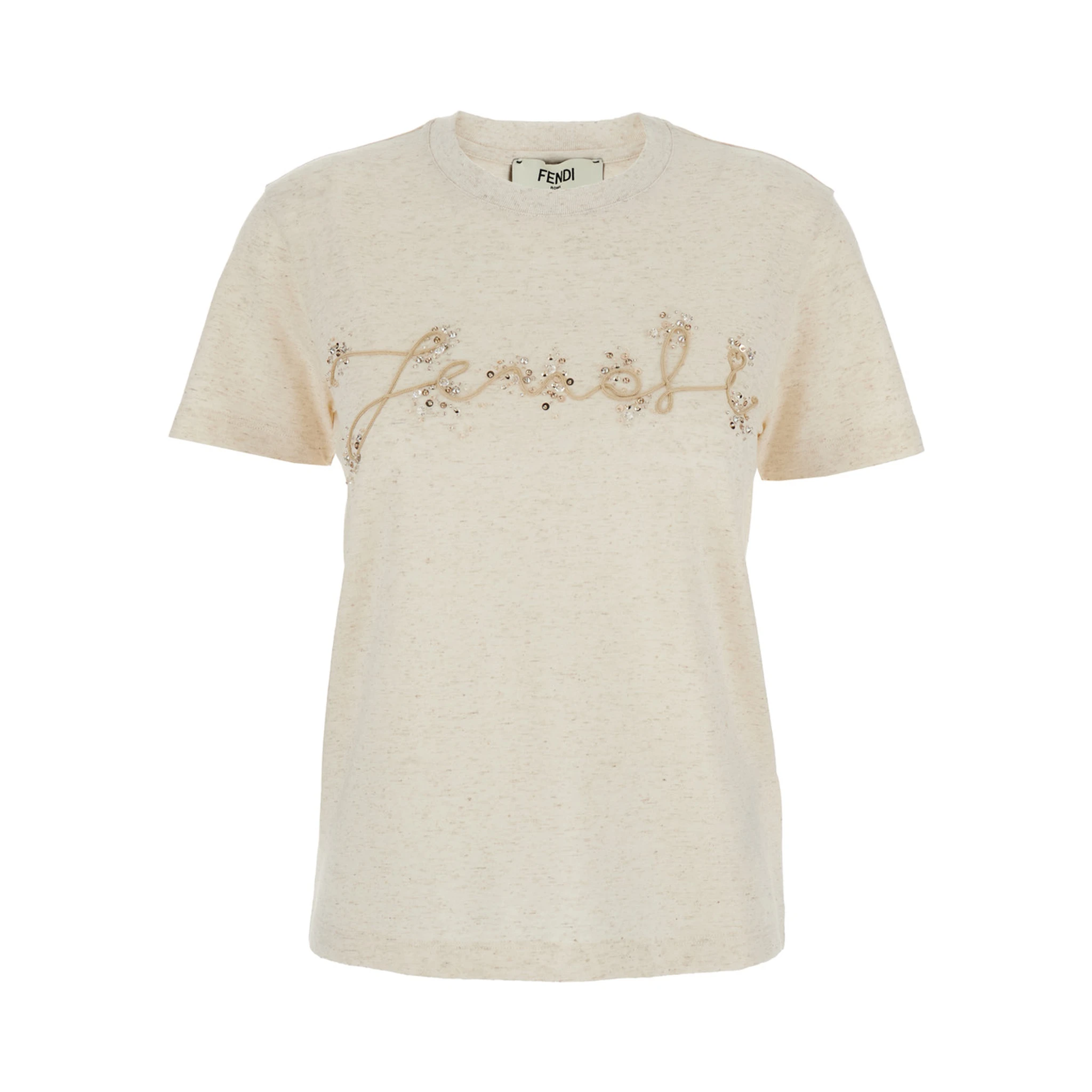 Beige Crewneck T-Shirt with Logo Embroidery on the Front and Rhinestone Details in Cotton Blend Jersey Woman