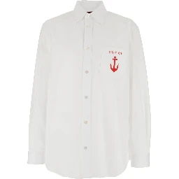 White Shirt with Classic Collar and Logo Detail on the Front in Cotton Man