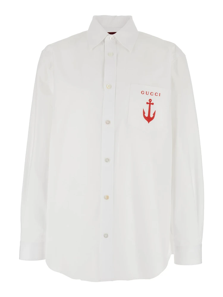White Shirt with Classic Collar and Logo Detail on the Front in Cotton Man