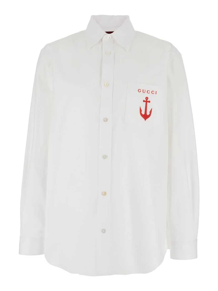 White Shirt with Classic Collar and Logo Detail on the Front in Cotton Man