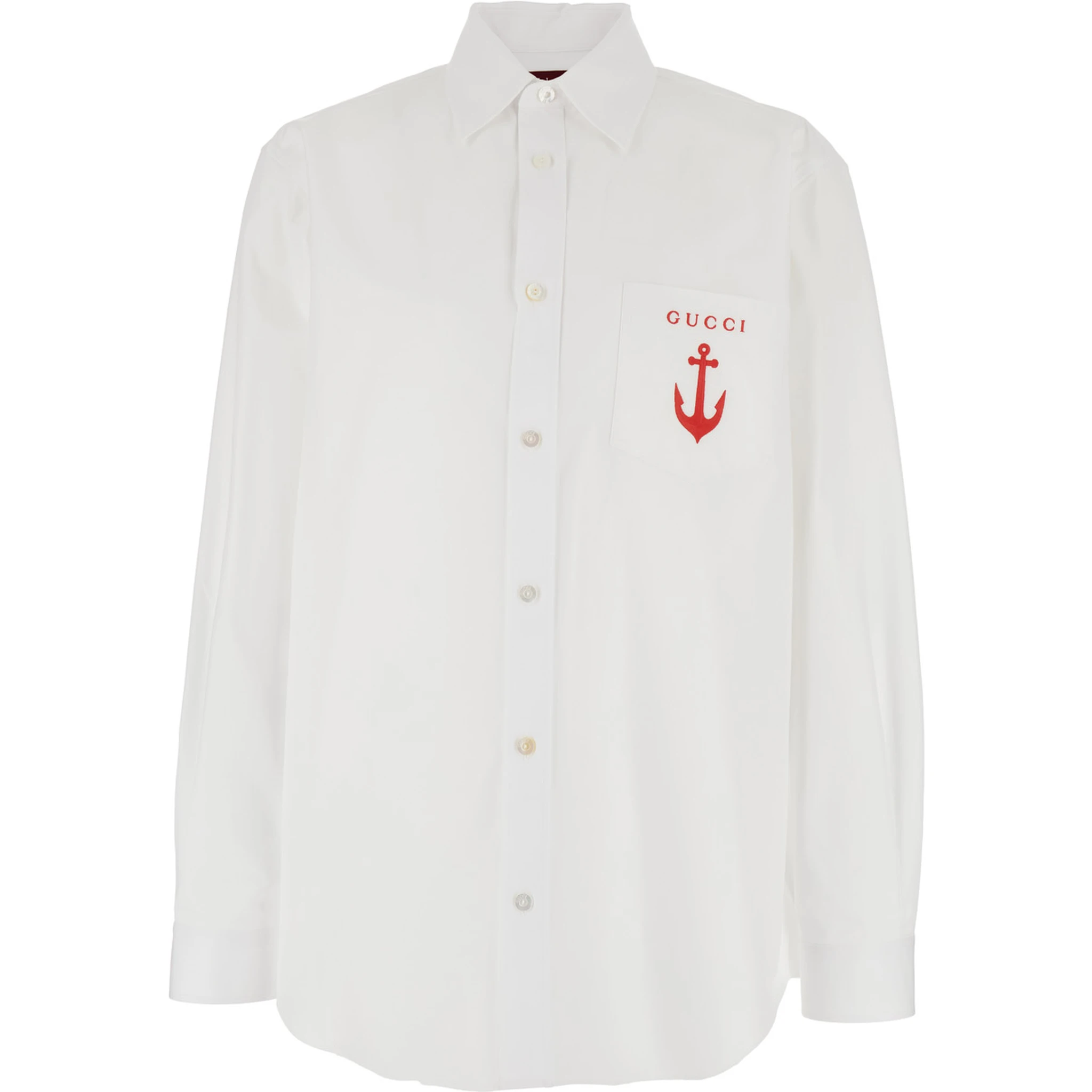 White Shirt with Classic Collar and Logo Detail on the Front in Cotton Man