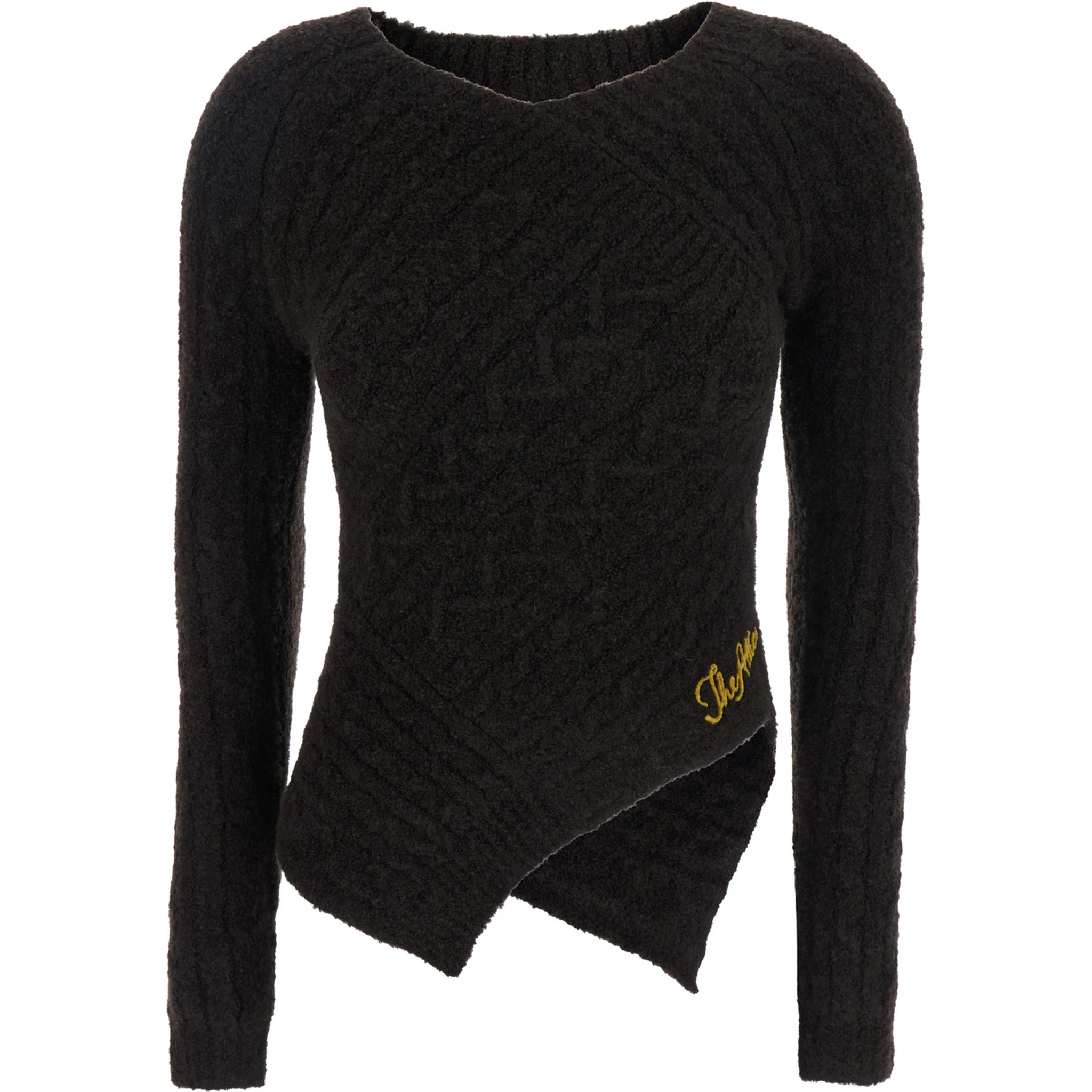 Brown Sweater with Asymmetrical Design and Logo Lettering in Wool Woman